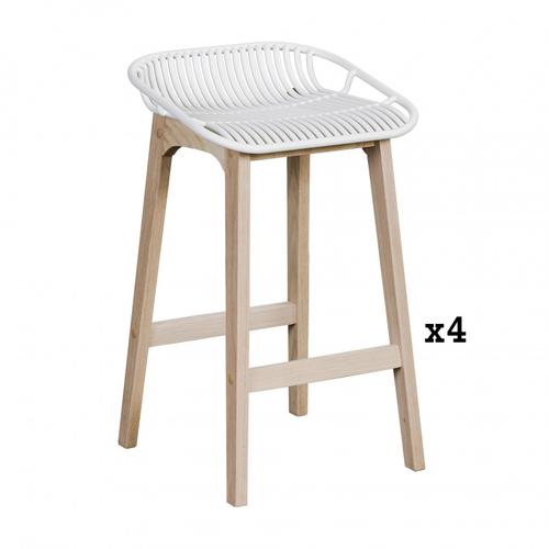 Tabourets D'ilot 65 Cm Pieds Chêne Assise Plastique Blanche -Lot De 4