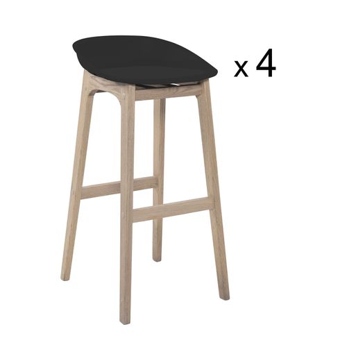 Tabourets D'ilot 65cm Pieds Chêne Assise Plastique Noire - Lot De 4