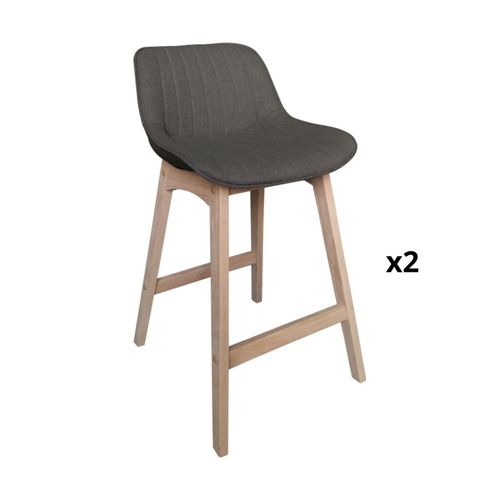 Tabourets De Bar 65cm En Chêne Et Assise Tissu Gris Foncé - Lot De 2