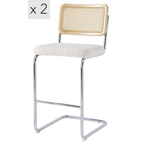 Lot De 2 Tabourets De Bar En Métal Et Cannage Bouclettes Blanches