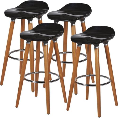 Lot De 4 - Tabouret De Bar Assise Plastique Dur Abs Noir Pieds Metal