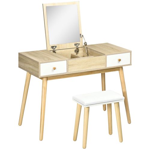 Coiffeuse Avec Tabouret Style Scandinave Aspect Chêne Clair Blanc