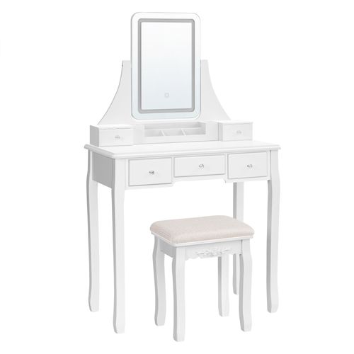 Coiffeuse Avec Miroir 5 Tiroirs Et 1 Organisateur Tabouret Blanc