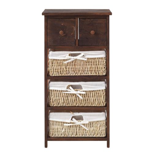 Commode De Rangement Avec 5 Tiroirs En Bois Et Osier Marron Et Beige