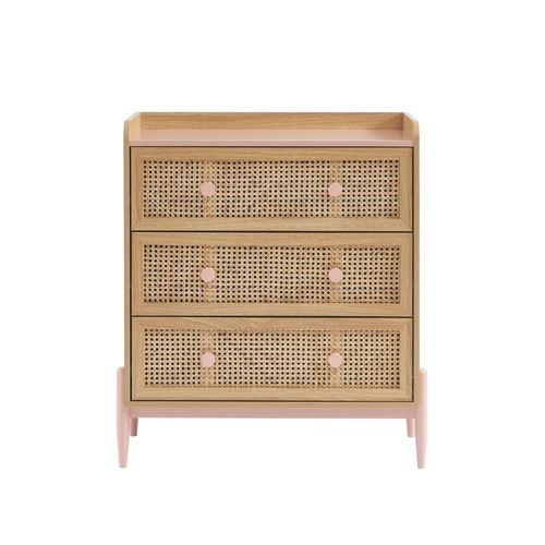 Commode Rose Et Cannage Rotin 3 Tiroirs