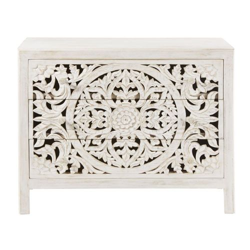 Commode 3 Tiroirs En Manguier Massif Sculpté Blanc