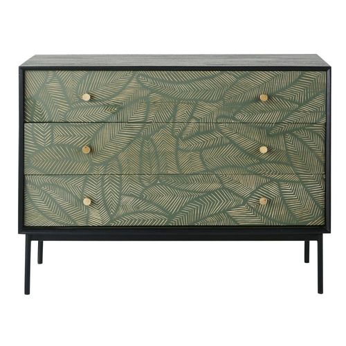 Commode 3 Tiroirs En Manguier Noir Sculpté Motifs Feuilles