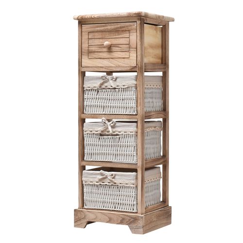 Chiffonnier Étroit À 4 Tiroirs En Bois Et Osier Blanc Et Brun