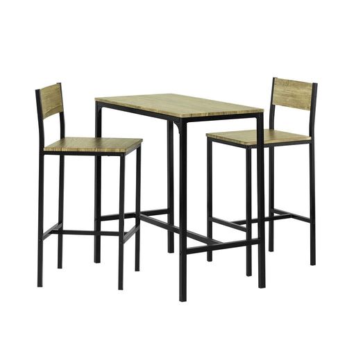 Set De 1 Table Et 2 Chaises De Bar Effet Bois Et Métal Noir