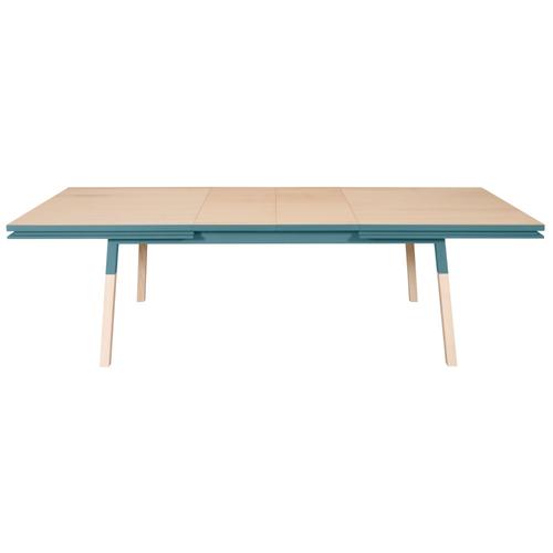 Table 200x100 Cm En Frêne Massif, 2 Rallonges Bleu Briac