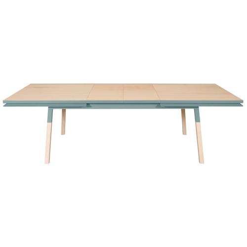 Table 180x100 Cm En Frêne Massif, 2 Rallonges Bleu Gris Lehon