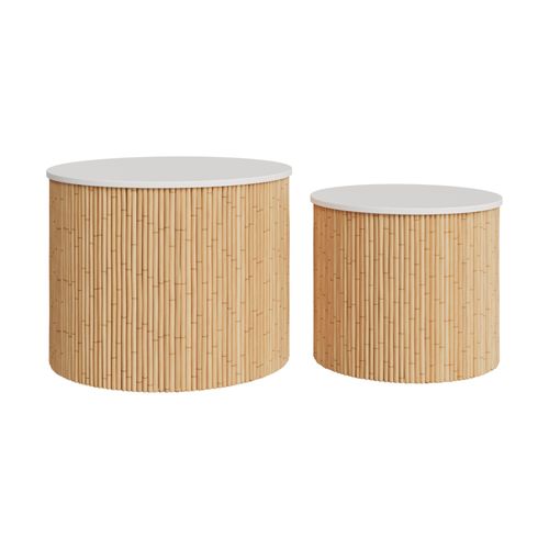 Tables Basses Rondes En Rotin Et Plateau Blanc (Lot De 2)