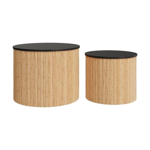 Tables Basses Rondes En Rotin Et Plateau Noir (Lot De 2)