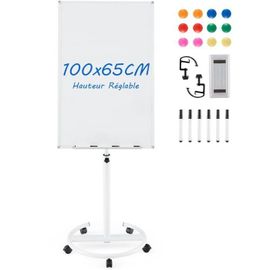 Costway Tableau Blanc Magnétique 100x65cm-Effaçable À Sec-Hauteur,Angle Réglable-5 Roues-Trombones-Bloc De Papier-12 Aimants-Blanc