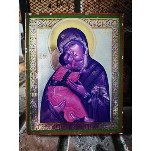 Icone religieuse byzantine russe vierge Vladimir mère de dieu bois massif
