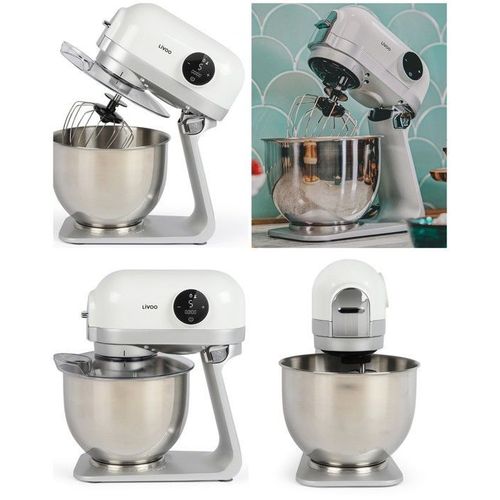 Robot Pâtissier Pétrin Blanc 5L 1200W Bol inox 5L 6 vitesses de rotation pour préparer vos pâtes à tartes, crêpes, pizza, pain crème