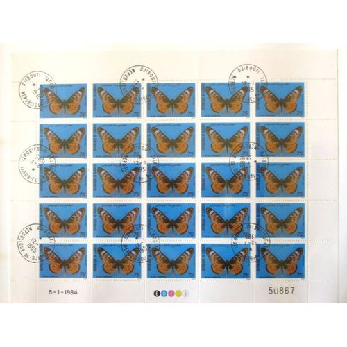Djibouti - 1984 - Po 577 - Faune Papillons - Feuille De 25 Timbres Oblitérés