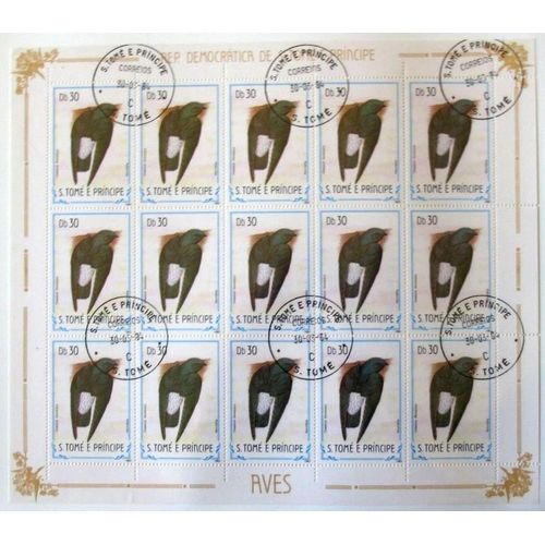 Tomé-Et-Principe Po 792 Oiseaux Feuille De 15 Timbres Oblitérés