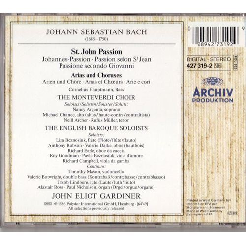 Arias & Choeurs De La Passion Selon St Jean Soli; Monteverdi Choir; English Baroque Soloists;  