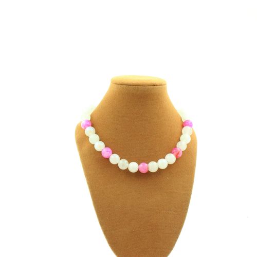 Collier Perles Pierre De Lune + Agate Craquelé Fuchsia 8 Mm Chaine En Acier Inoxydable.