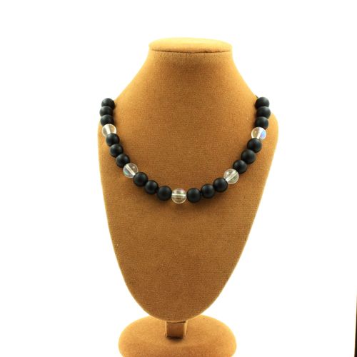 Collier Perles Onyx Noir Mat + Quartz Titane 8 Mm Chaine En Acier Inoxydable.