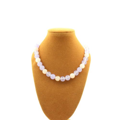 Collier Perles Quartz Rose + Calcédoine Lavande 8 Mm Chaine En Acier Inoxydable.