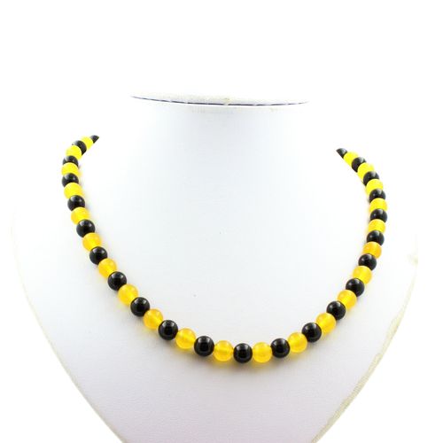 Collier Perles Agate Noire + Agate Jaune 8 Mm Chaine En Acier Inoxydable.