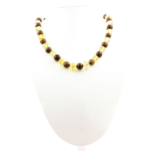 Collier Perles Citrine + Bois 8 Mm Chaine En Acier Inoxydable.