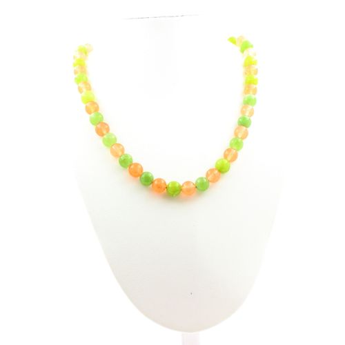Collier Perles Péridot + Calcédoine Orange 8 Mm Chaine En Acier Inoxydable.