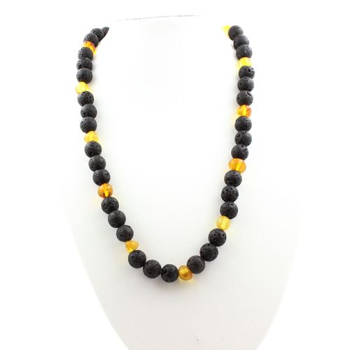 Collier Perles Ambre Véritable De La Mer Baltique + Lave 8 Mm Chaine En Acier Inoxydable.