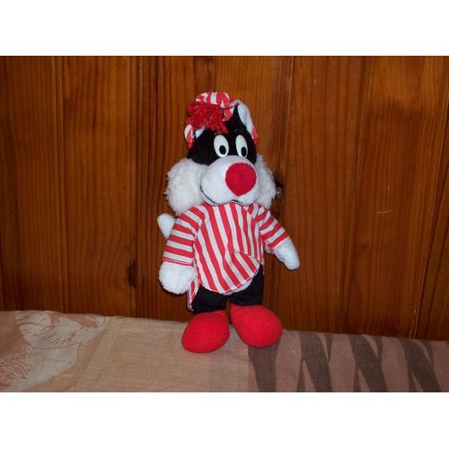 Peluche Sylvestre (Titi Et Grosminet)En Pyjama Rayé Rouge Et Blanc, 20 Centimètres