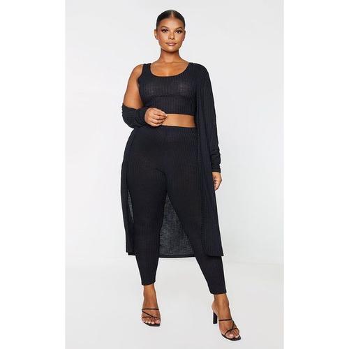 Plus Ensemble 3 Pièces En Maille Tricot Noire Avec Legging, Crop Top Et Gilet, 50