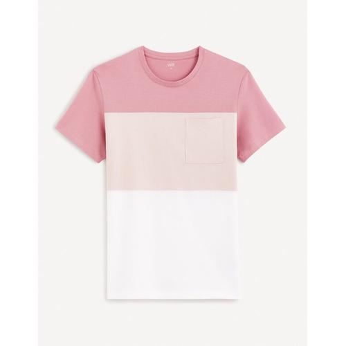 T-Shirt Col Rond Colorblock Straight En Coton - Rose