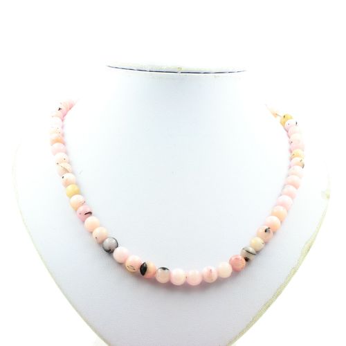 Collier Perles Opale Rose 8 Mm Chaine En Acier Inoxydable.