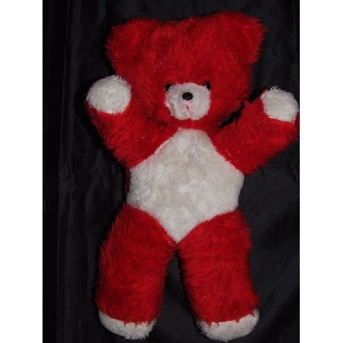 Ours Doudou Nounours Peluche Rouge Et Blanc Ancien Vintage 37 Cms