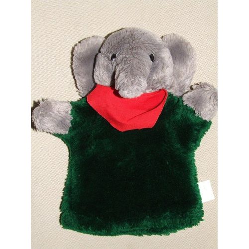 Elephant Marionnette Le Petit Ours Doudou Peluche Gris Vert Foulard Rouge 25 Cms