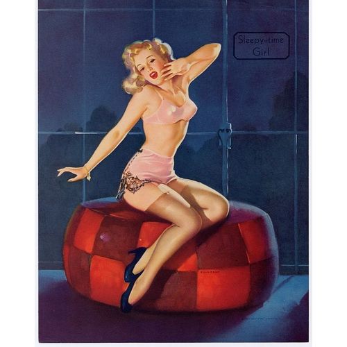 Elvgren Lithographie Pin Up Sur Pouf Calendrier Calendar Usa