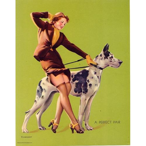 Elvgren Lithographie Pin Up Et Chien Dog Allemand Calendrier Calendar Usa