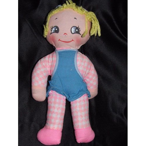 Poupee Tissu Chiffon Doudou Ancien Vintage Vichy Rose Bleu Peluche De 30 Cms