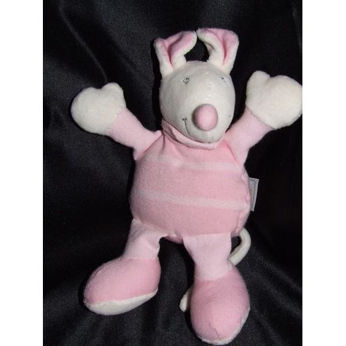 Souris Doudou Baby Sun Babysun Rose Rayé Peluche De 16 Cms + Oreilles De 3 Cms