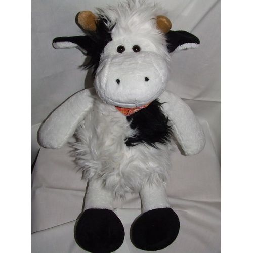 Vache Taureau Doudou Planet Pluch Jemini Blanc Noir Peluche Blanche Bandanas Orange Carreaux 50 Cms