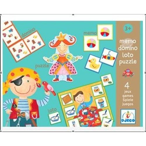 Boîte Djeco De 4 Jeux  : Dominos, Puzzles, Mémo, Loto.
