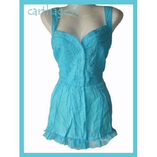 Tunique Top Débardeur Haut Brodé Blanche  Noir Ou Bleu 100% Coton