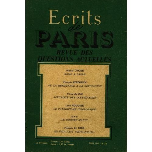 Ecrits De Paris Août 1949 N°58   N° 58