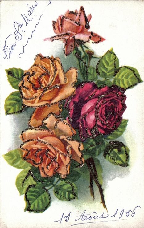 Carte Postale Ancienne France Bonne Fete Bouquet De Fleurs Roses Paillettes Argentees Collees Texte Du 15 08 1956 Rakuten