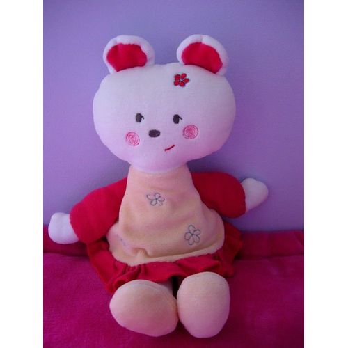 Doudou Chat En Robe Fushia Et Pêche Sucre D'orge 28 Cm Environ