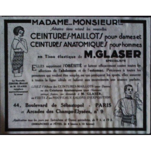 Publicite Ancienne (Fevrier 1929) Pour Les Ceintures Maillots Ou Les Ceintures Anatomiques De " Mr. Glaser "
