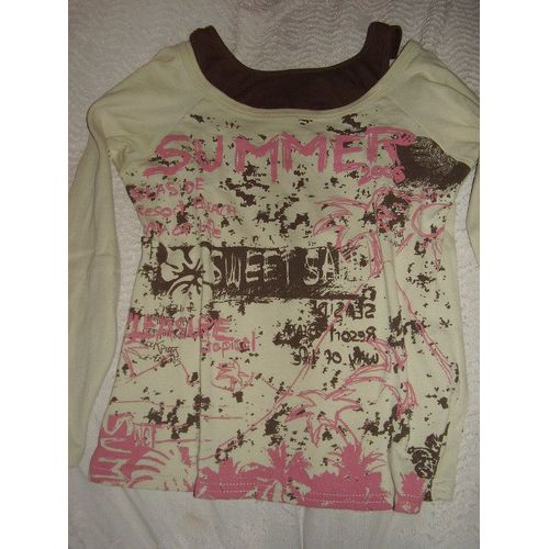T-Shirt Manches Longues Effet "2 En 1" Écru Et Marron