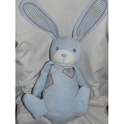 Lapin Range Pyjama Doudou Bleu Rouge Rayé Blanc Peluche De 40 Cms + Oreilles 20 Cms