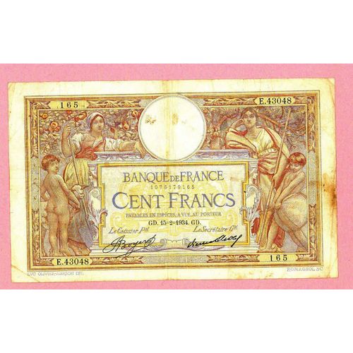 Billet De Banque Nota Banknote Bill 100 Cent Francs Banque De France Luc Olivier Merson 15/2/1934